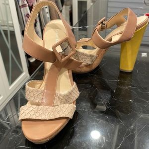 Brand new tan Calvin Klein heels with a block yellow heel